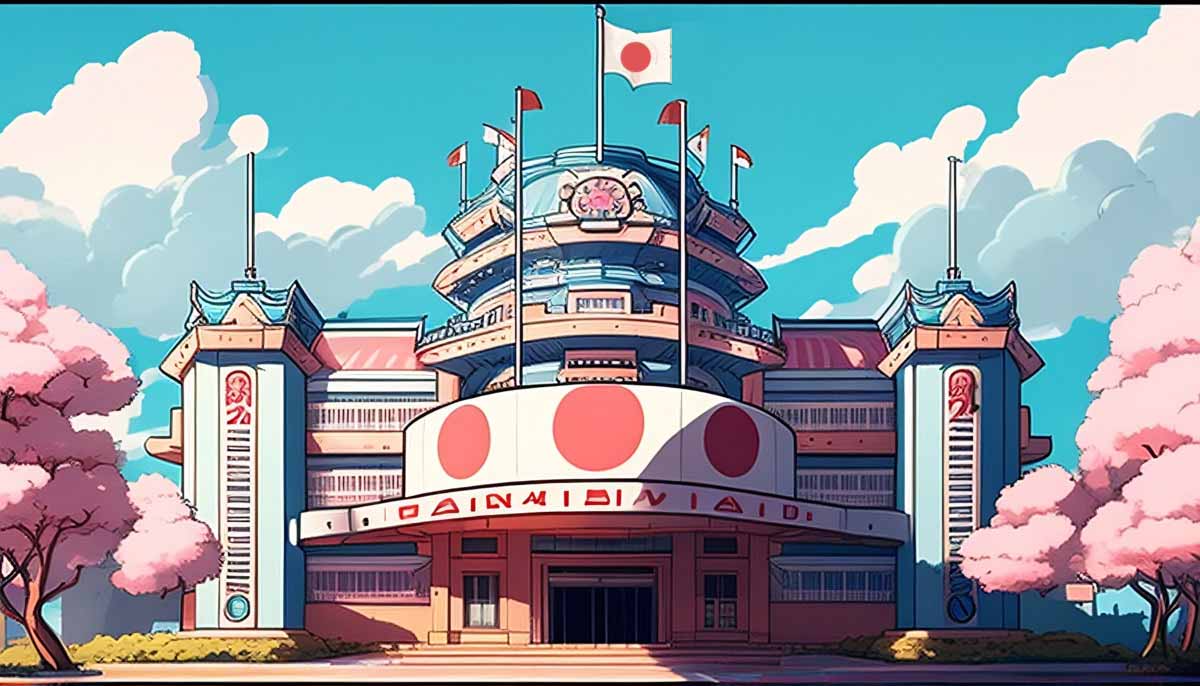 ファサードに大きな日本の国旗がぶら下がっているカジノの建物