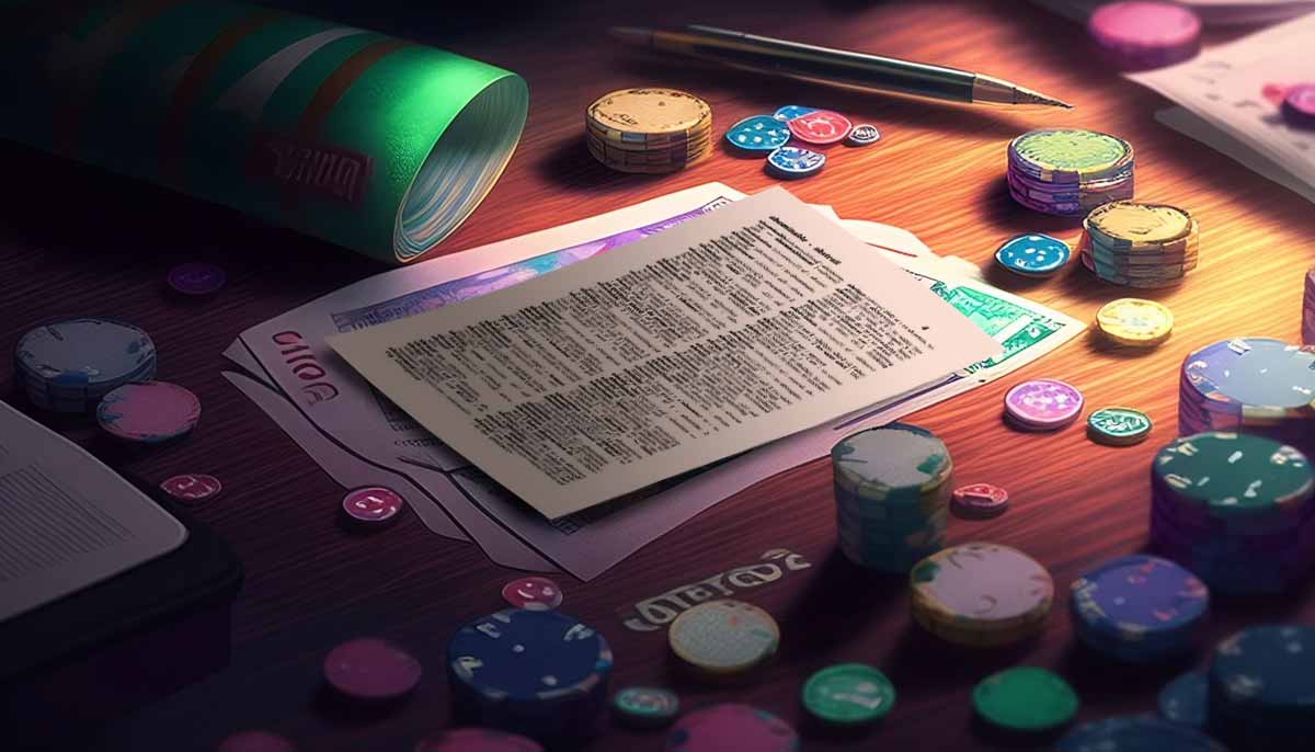 チップとお金が散らばったポーカー テーブルに横たわっている、上から見た単語のリストを含む辞書