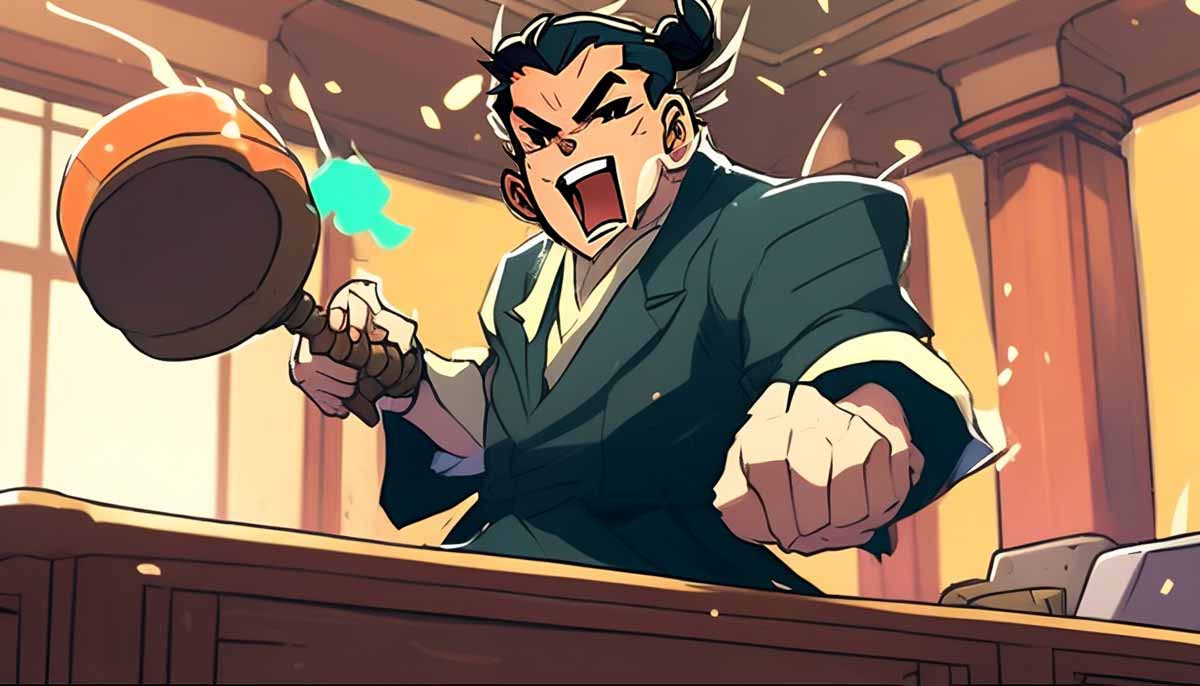 日本の裁判官が法廷でハンマーを叩き、カジノのチップを空中に飛ばしている