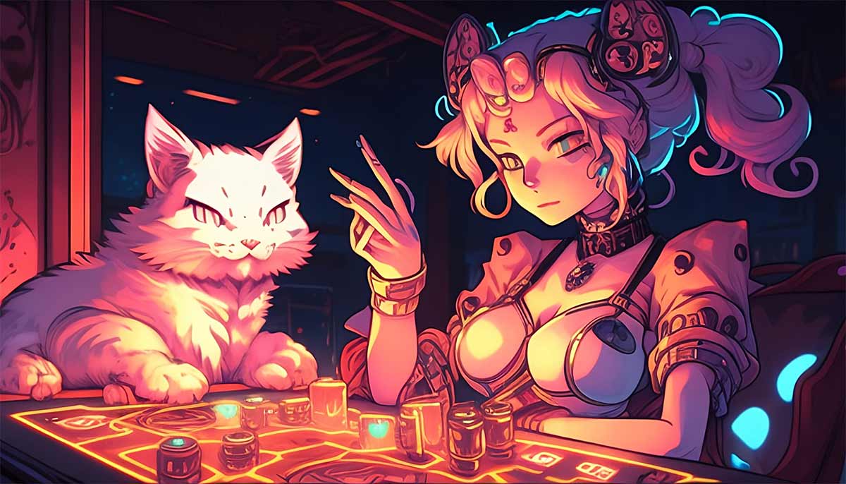 女性がカジノで遊んでいる間、ポーカー テーブルに座っている招き猫