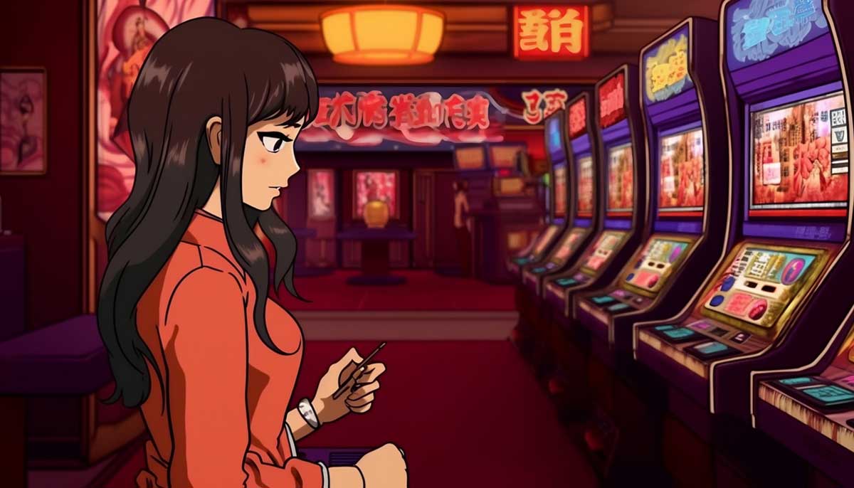 カジノでビデオ ポーカー スロット マシンの前に立っている女性